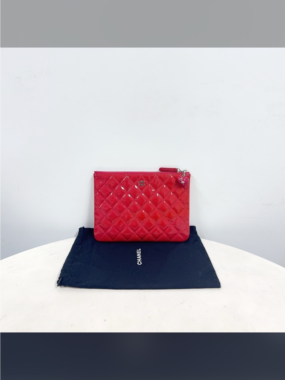 CHANEL Red Quilted Patent Leather Zip Pouch with Heart Charm